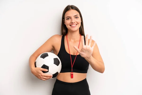 Pretty Girl Smiling Looking Friendly Showing Number Five Soccer Fitness —  Fotos de Stock