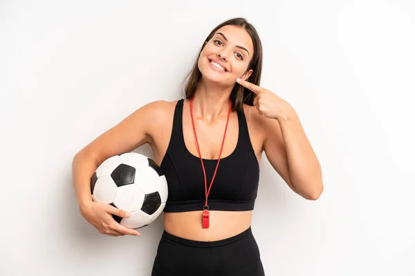Pretty Girl Smiling Confidently Pointing Own Broad Smile Soccer Fitness — ストック写真
