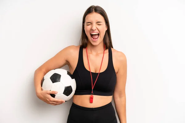 Pretty Girl Shouting Aggressively Looking Very Angry Soccer Fitness Concept — Stockfoto