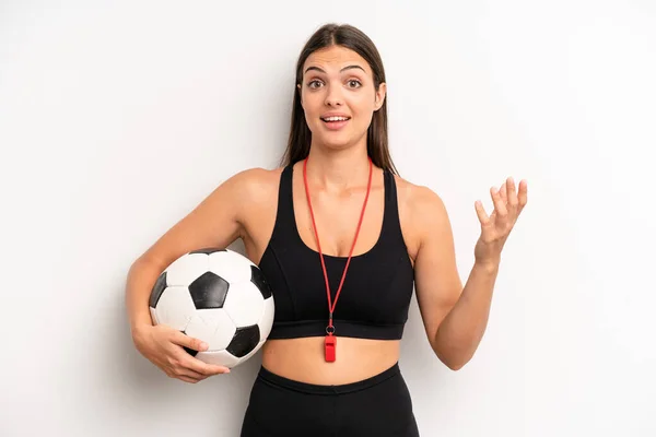 Pretty Girl Feeling Happy Surprised Realizing Solution Idea Soccer Fitness — Stock Fotó