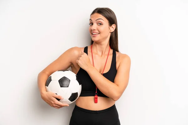 Pretty Girl Feeling Happy Facing Challenge Celebrating Soccer Fitness Concept — Stockfoto