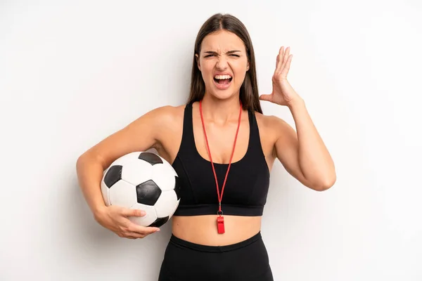 Pretty Girl Screaming Hands Air Soccer Fitness Concept — Stockfoto