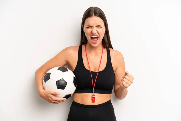 Pretty Girl Shouting Aggressively Angry Expression Soccer Fitness Concept — Stockfoto