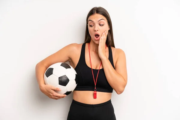 Pretty Girl Feeling Happy Excited Surprised Soccer Fitness Concept — Fotografia de Stock