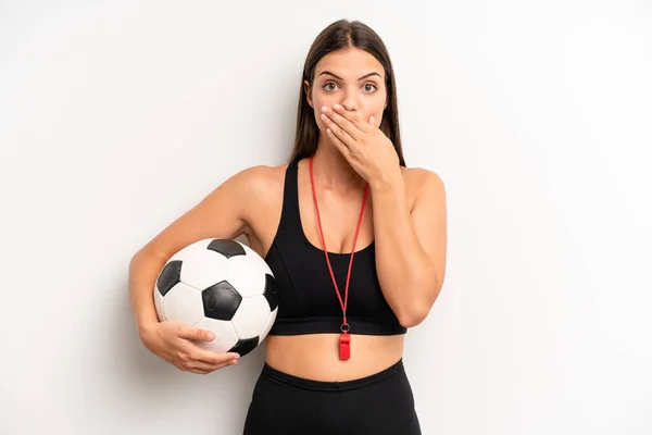 Pretty Girl Covering Mouth Hands Shocked Soccer Fitness Concept — Stockfoto