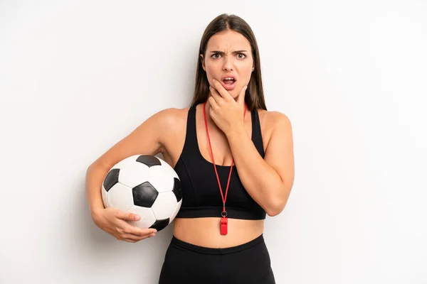 Pretty Girl Mouth Eyes Wide Open Hand Chin Soccer Fitness — Stockfoto