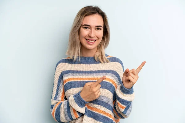 Young Adult Pretty Woman Smiling Happily Pointing Side Upwards Both — Stockfoto