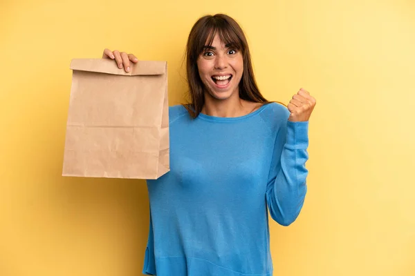 Pretty Woman Feeling Shocked Laughing Celebrating Success Take Away Fast Stockbild