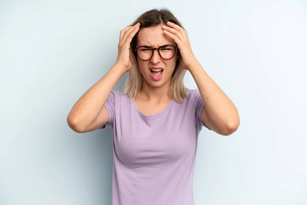 Young Adult Pretty Woman Feeling Stressed Frustrated Raising Hands Head — Stockfoto