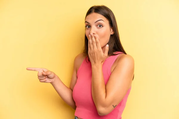 Young Adult Pretty Woman Feeling Happy Shocked Surprised Covering Mouth — Foto Stock