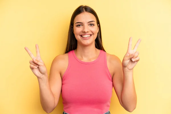 Young Adult Pretty Woman Smiling Looking Happy Friendly Satisfied Gesturing — Stockfoto