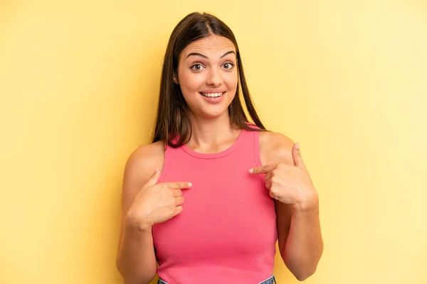 Young Adult Pretty Woman Feeling Happy Surprised Proud Pointing Self — Stock Photo, Image