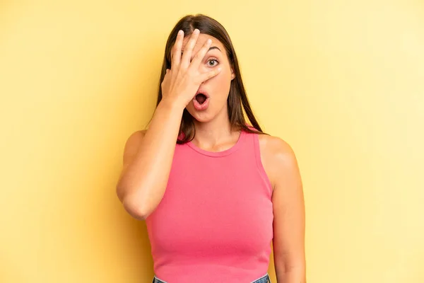 Young Adult Pretty Woman Looking Shocked Scared Terrified Covering Face — Stockfoto