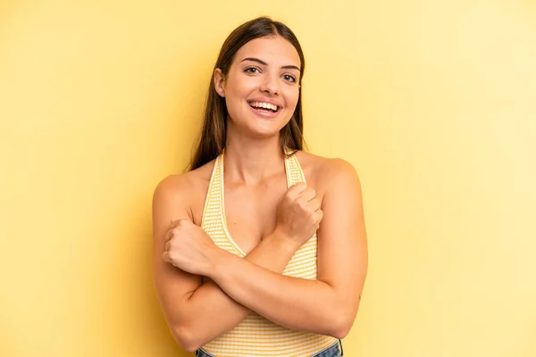 Young Adult Pretty Woman Smiling Cheerfully Celebrating Fists Clenched Arms — Foto Stock