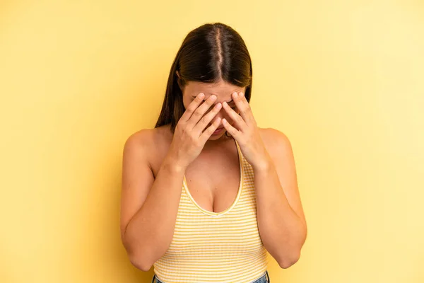 Young Adult Pretty Woman Covering Eyes Hands Sad Frustrated Look — Stockfoto