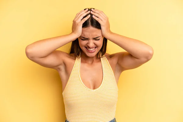 Young Adult Pretty Woman Feeling Stressed Frustrated Raising Hands Head — Stockfoto