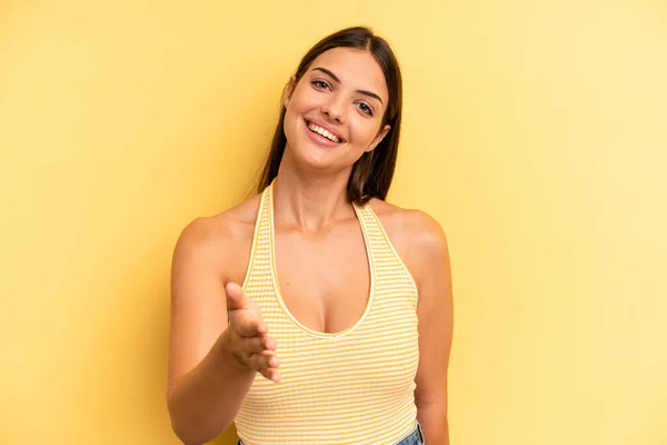 Young Adult Pretty Woman Smiling Looking Happy Confident Friendly Offering — Stockfoto