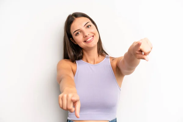 Young Adult Pretty Woman Feeling Happy Confident Pointing Camera Both — Foto de Stock