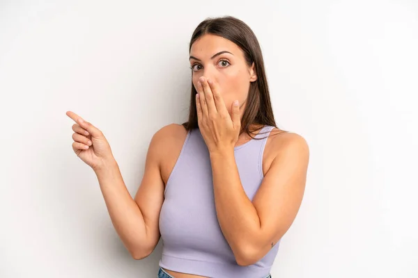 Young Adult Pretty Woman Feeling Happy Shocked Surprised Covering Mouth — Foto Stock