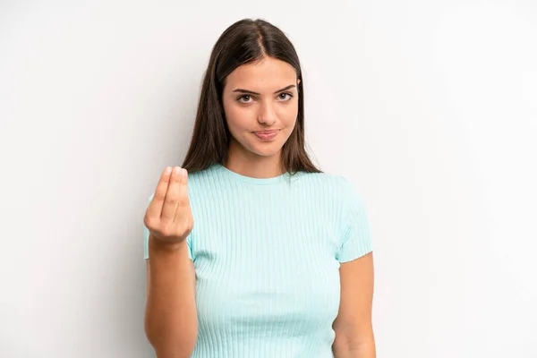 Young Adult Pretty Woman Making Capice Money Gesture Telling You — Stockfoto