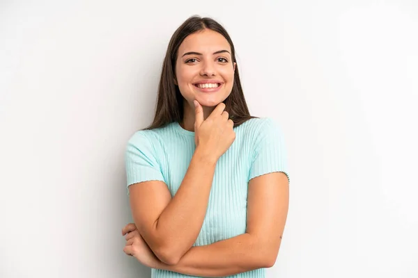 Young Adult Pretty Woman Smiling Enjoying Life Feeling Happy Friendly — Stockfoto