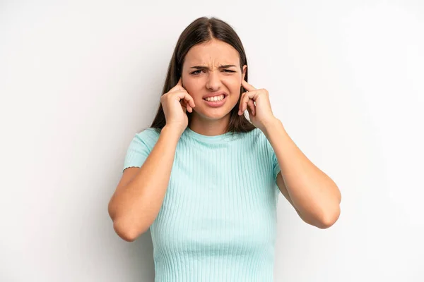 Young Adult Pretty Woman Looking Angry Stressed Annoyed Covering Both — Foto Stock