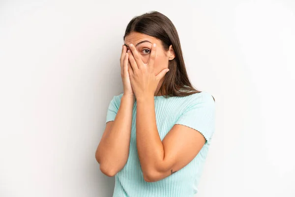 Young Adult Pretty Woman Feeling Scared Embarrassed Peeking Spying Eyes — Foto Stock