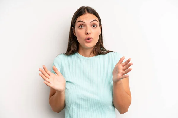 Young Adult Pretty Woman Looking Shocked Astonished Jaw Dropped Surprise — Stock Photo, Image