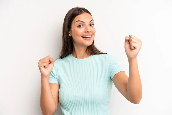 Young Adult Pretty Woman Shouting Triumphantly Looking Excited Happy Surprised — Stockfoto