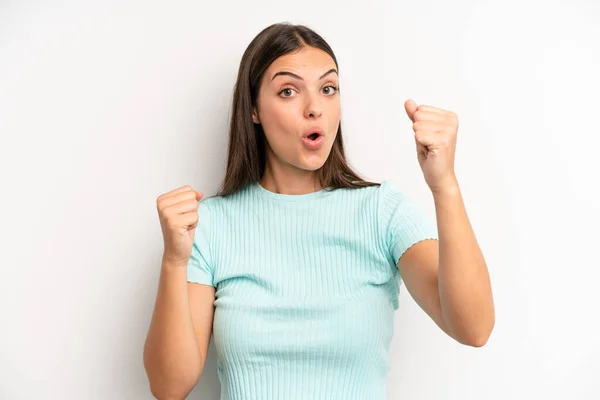Young Adult Pretty Woman Celebrating Unbelievable Success Winner Looking Excited — Stock Photo, Image