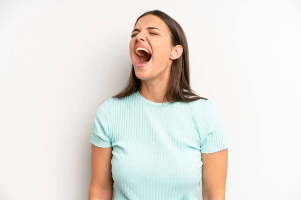 Young Adult Pretty Woman Screaming Furiously Shouting Aggressively Looking Stressed — Zdjęcie stockowe