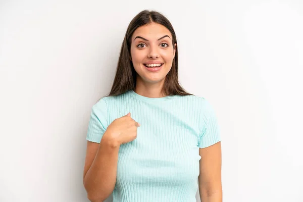 Young Adult Pretty Woman Looking Happy Proud Surprised Cheerfully Pointing — Stock Photo, Image