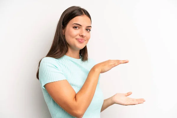 Young Adult Pretty Woman Holding Object Both Hands Side Copy — Foto de Stock