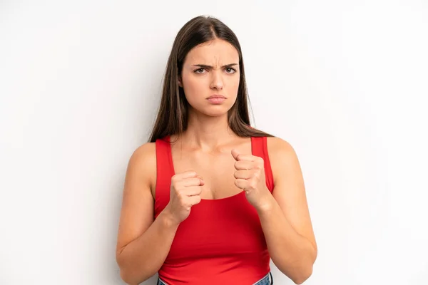 Young Adult Pretty Woman Looking Confident Angry Strong Aggressive Fists — Stock Photo, Image