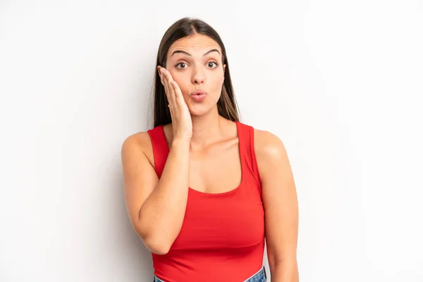 Young Adult Pretty Woman Feeling Shocked Astonished Holding Face Hand — Foto Stock