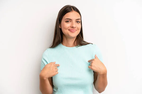 Young Adult Pretty Woman Looking Proud Positive Casual Pointing Chest — Stockfoto