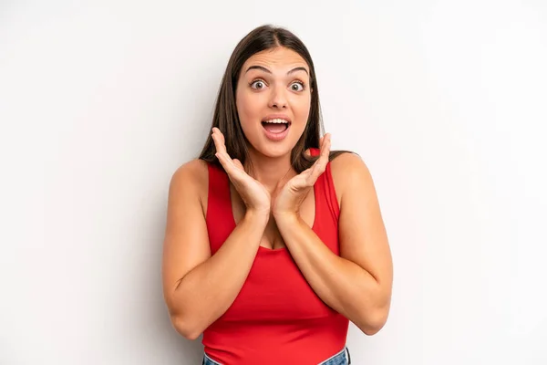 Young Adult Pretty Woman Feeling Shocked Excited Laughing Amazed Happy — Stockfoto