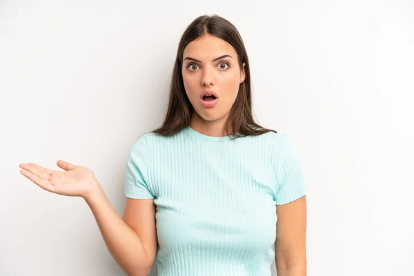 Young Adult Pretty Woman Looking Surprised Shocked Jaw Dropped Holding — Stock Photo, Image