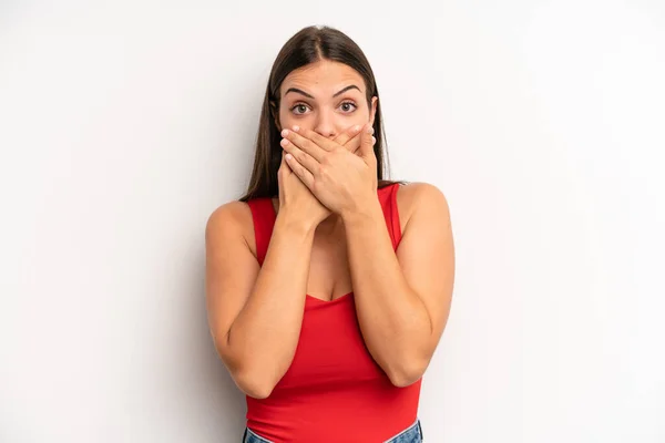 Young Adult Pretty Woman Covering Mouth Hands Shocked Surprised Expression — Foto Stock