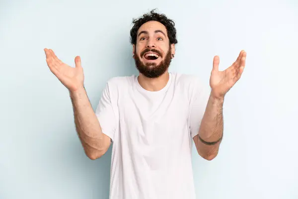 Young Adult Bearded Man Feeling Happy Amazed Lucky Surprised Celebrating — Stock Photo, Image