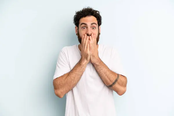 Young Adult Bearded Man Happy Excited Surprised Amazed Covering Mouth — Stock Photo, Image