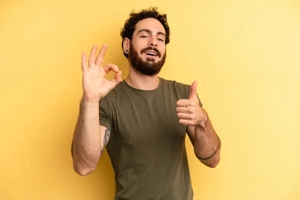 Young Adult Bearded Man Feeling Happy Amazed Satisfied Surprised Showing — Stock Photo, Image