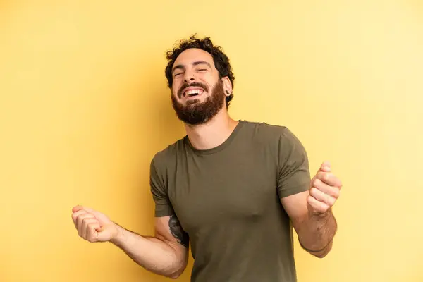 Young Adult Bearded Man Smiling Feeling Carefree Relaxed Happy Dancing — Stock Photo, Image