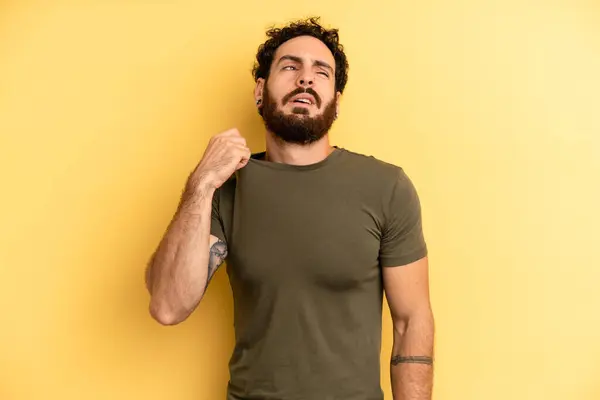 Young Adult Bearded Man Feeling Stressed Anxious Tired Frustrated Pulling — Stock Photo, Image