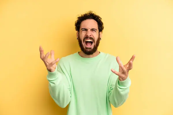 Young Adult Bearded Man Furiously Screaming Feeling Stressed Annoyed Hands — Stock Photo, Image