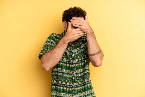 Young Adult Bearded Man Covering Face Both Hands Saying Camera — Stock Photo, Image