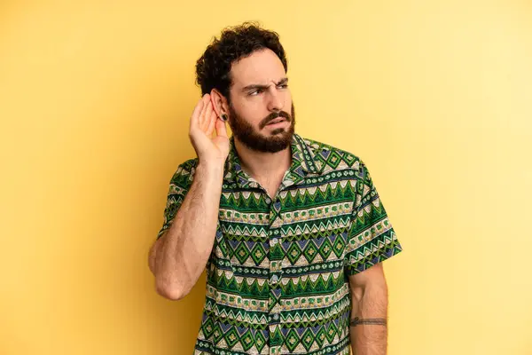 Young Adult Bearded Man Looking Serious Curious Listening Trying Hear — Stock Photo, Image