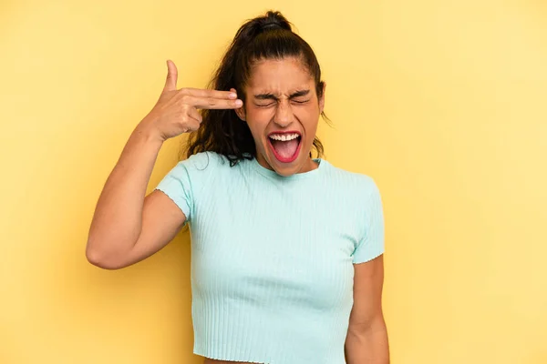 Ispanica Bella Donna Che Sembra Infelice Stressato Gesto Suicida Facendo — Foto Stock