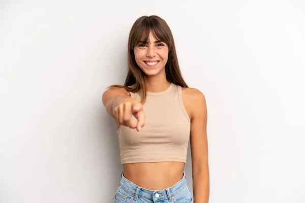 Hispanic Pretty Woman Pointing Camera Satisfied Confident Friendly Smile Choosing — Stock Photo, Image