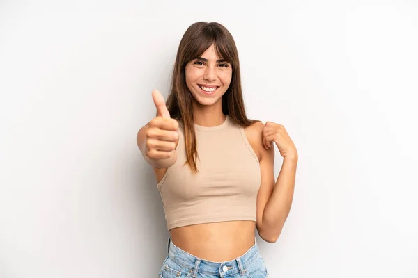 Hispanic Pretty Woman Feeling Proud Carefree Confident Happy Smiling Positively — Stock Photo, Image